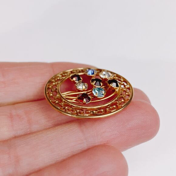 VTG Signed Carla 12K GF Multicolor Rhinestone Circle Brooch 1960s Spray Pin - Picture 4 of 8